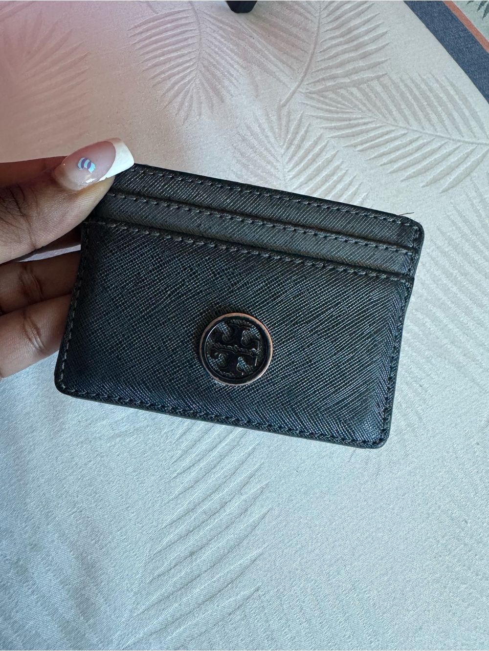 Tory Burch Black Leather Card Holder with Metal Emblem